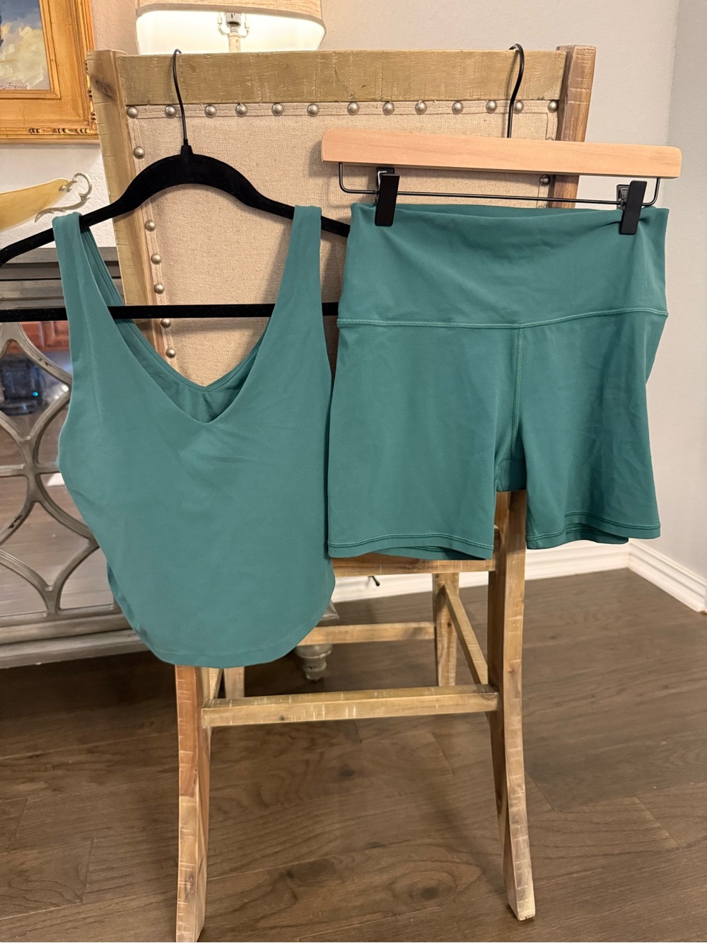 Athleta Teal Sports Crop Top and Athleta Teal Workout Transcend 5” Shorts